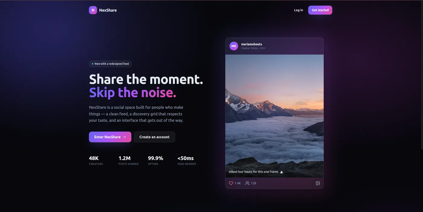 NexShare — Instagram-style social app · hobby project screenshot